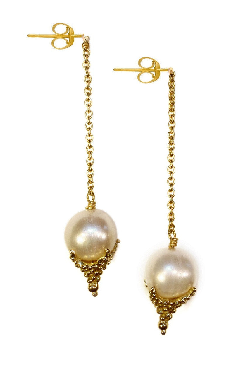 Pearl Drop Earrings-Small Dots in sterling silver or gold plate.